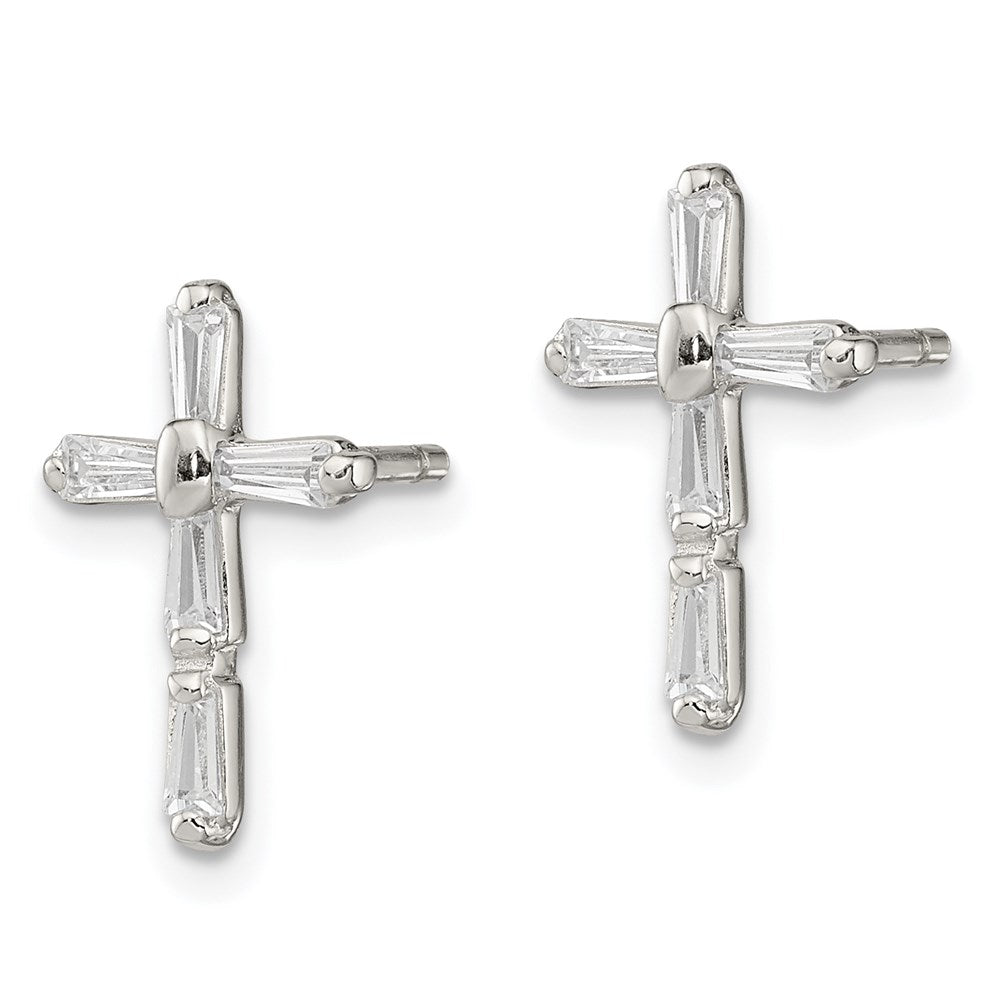 Sterling Silver Rhodium-plated Polished CZ Cross Post Earrings