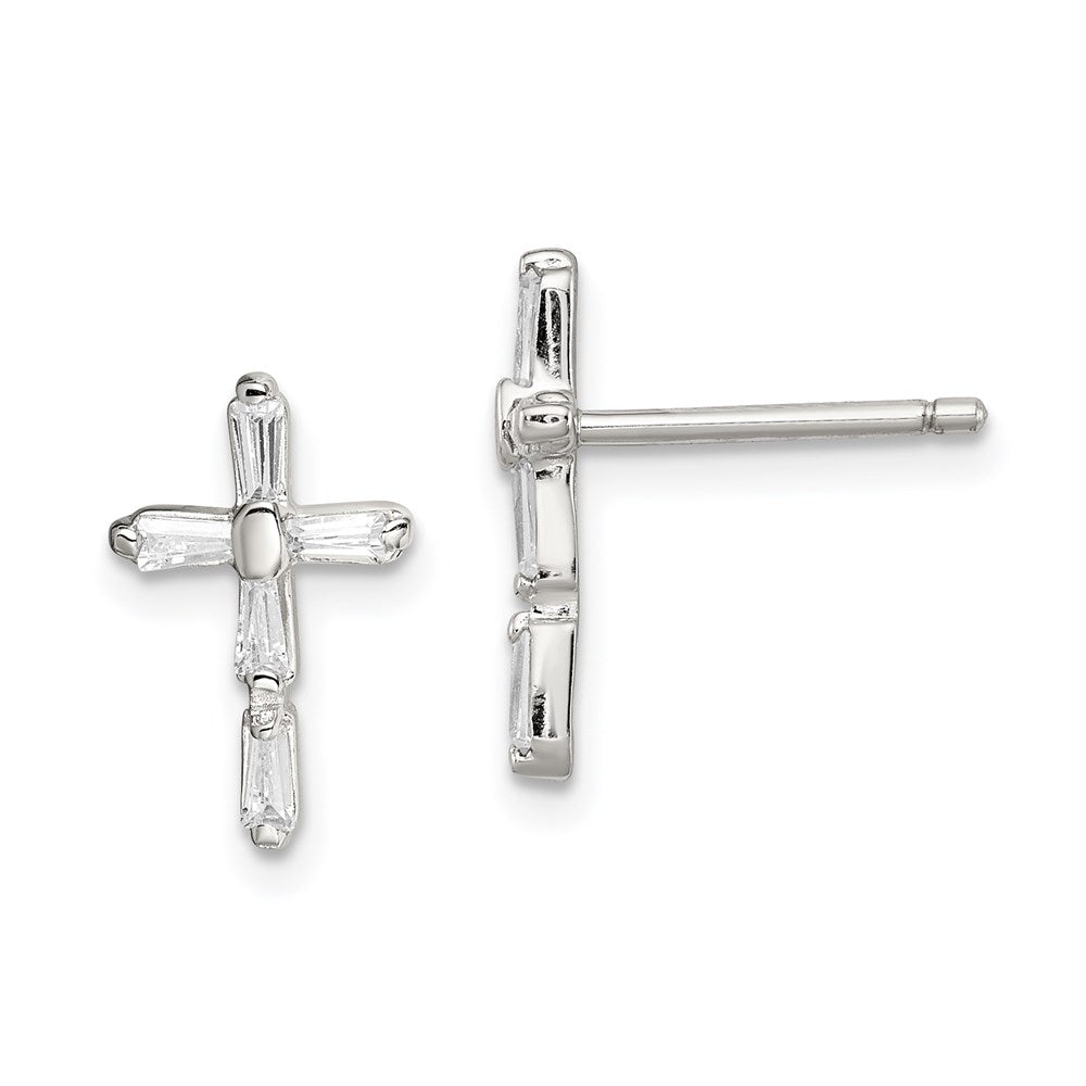 Sterling Silver Rhodium-plated Polished CZ Cross Post Earrings