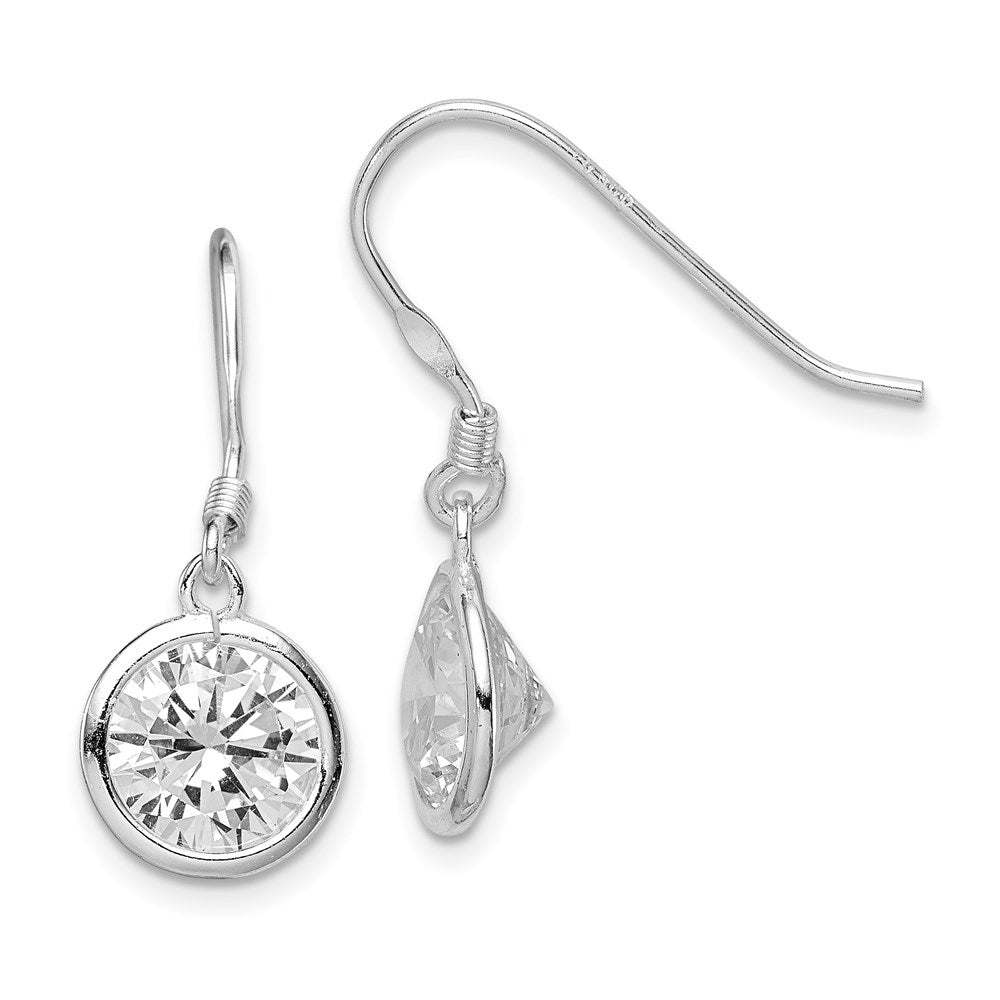 Sterling Silver Rhod-pltd 10mm Round CZ Bezel Set Dangle Earrings