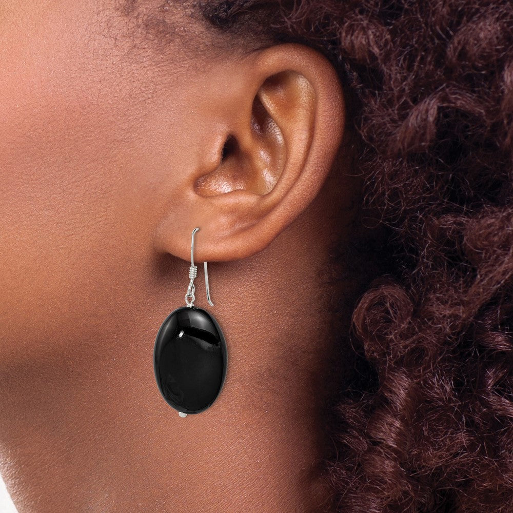 Sterling Silver Polished Black Agate Oval Dangle Earrings