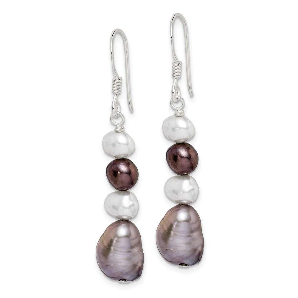 Sterling Silver Polished Black, White and Grey 6-9mm Freshwater Cultured Pearl Dangle Earrings