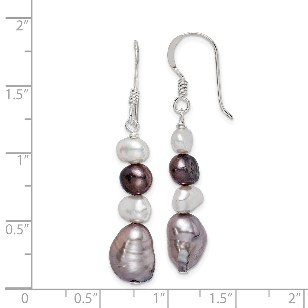 Sterling Silver Polished Black, White and Grey 6-9mm Freshwater Cultured Pearl Dangle Earrings