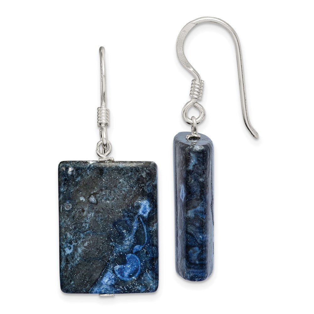 Sterling Silver Polished Blue Sodalite Rectangular Dangle Earrings