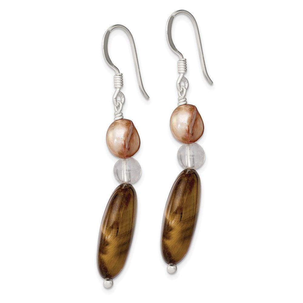 Sterling Silver Rock Quartz/ Tiger's Eye/ Brown FWC Pearl Dangle Earrings