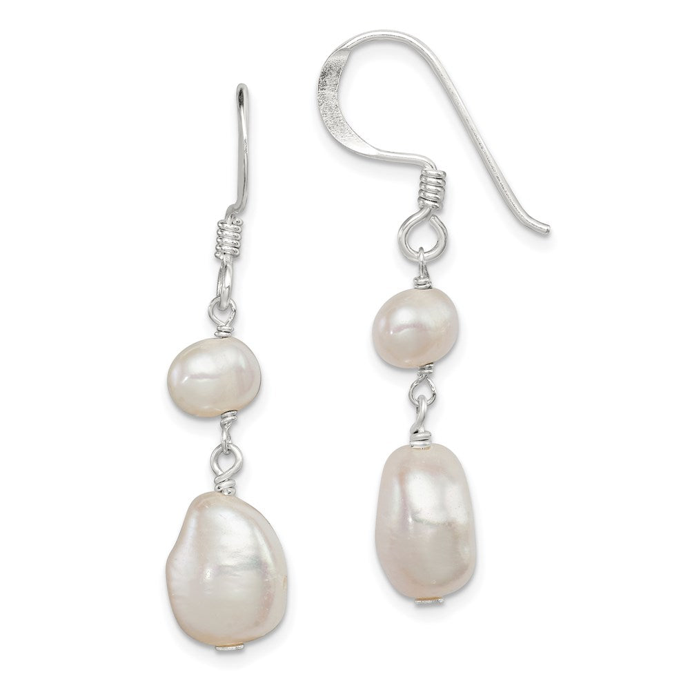 Sterling Silver Polished White 6-9mm Baroque & Semi-Round Freshwater Cultured Pearl Dangle Earrings