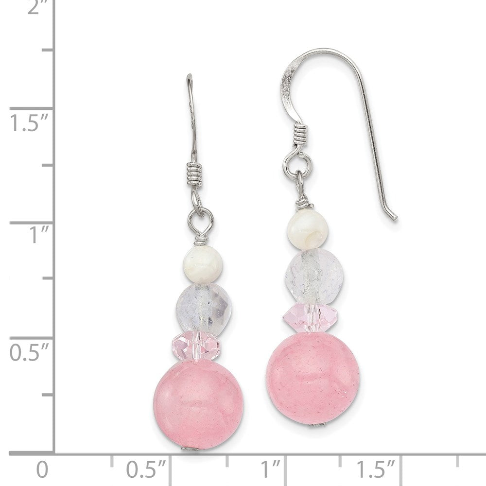 Sterling Silver Polished Pink Crystal, Jade & Mother of Pearl Dangle Earrin