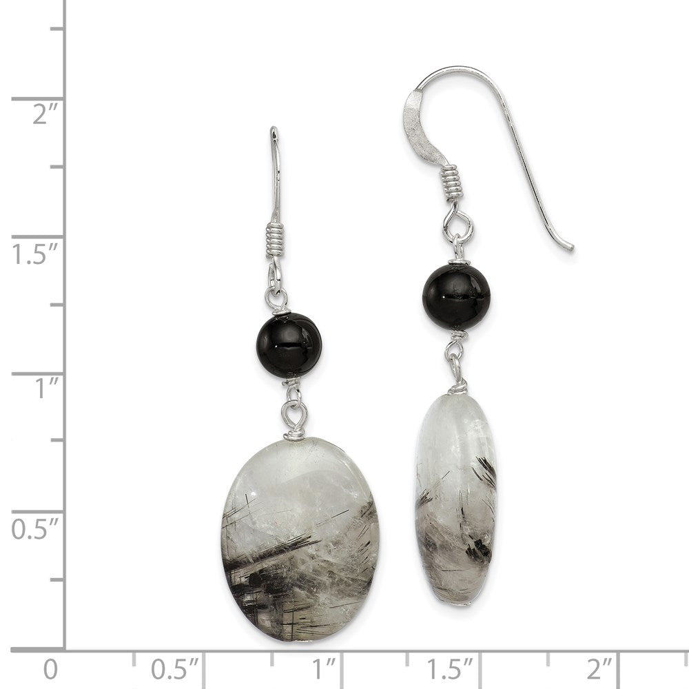 Sterling Silver Polished Black Crystal & Tourmalinated Quartz Oval Dangle Earrings