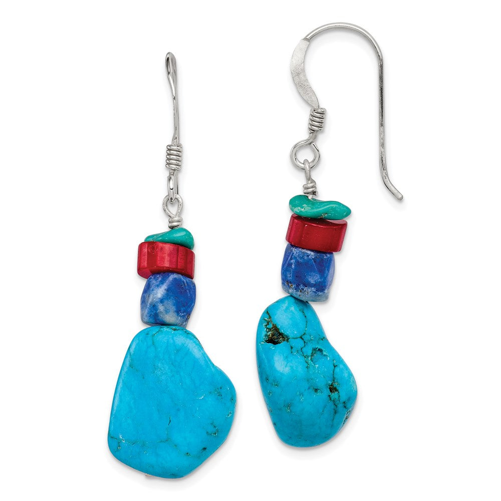 Sterling Silver Red Coral/Howlite/Lapis/Turquoise Dangle Earrings