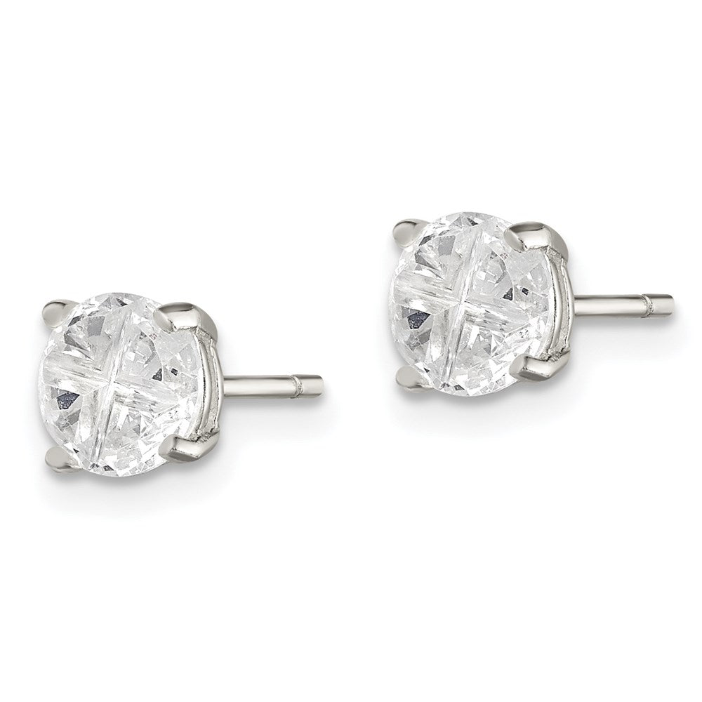 Sterling Silver 6mm Round Basket Set Cross-cut CZ Stud Earrings