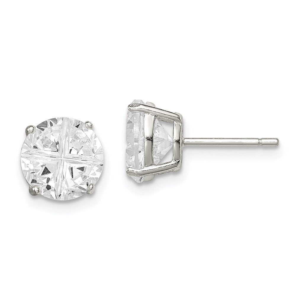 Sterling Silver 8mm Round Basket Set Cross-cut CZ Stud Earrings