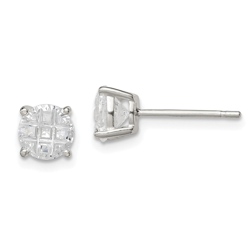 Sterling Silver 6mm Round Basket Set Laser-cut CZ Stud Earrings