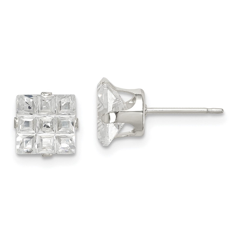 Sterling Silver 7mm Square Snap Set Laser-cut CZ Stud Earrings