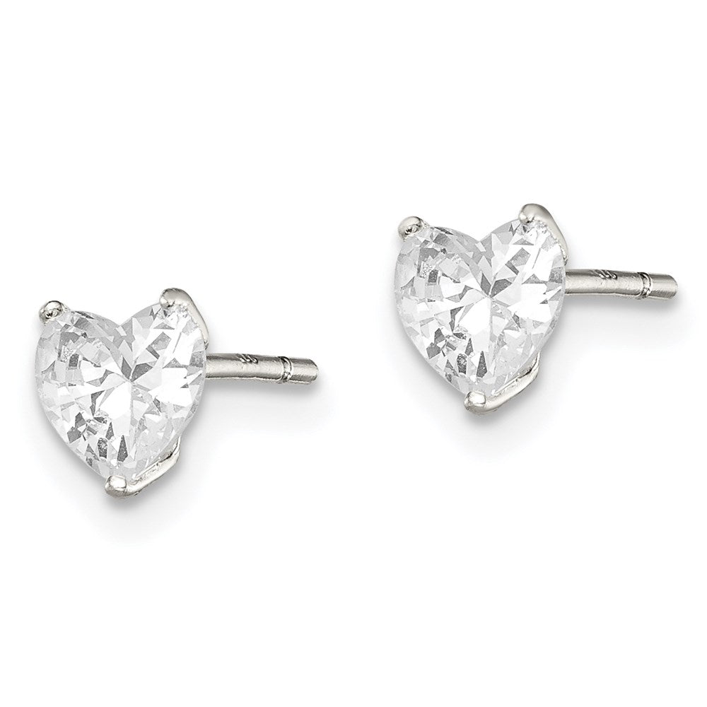 Sterling Silver Polished 5mm Heart 3 Prong Basket Set CZ Stud Earrings