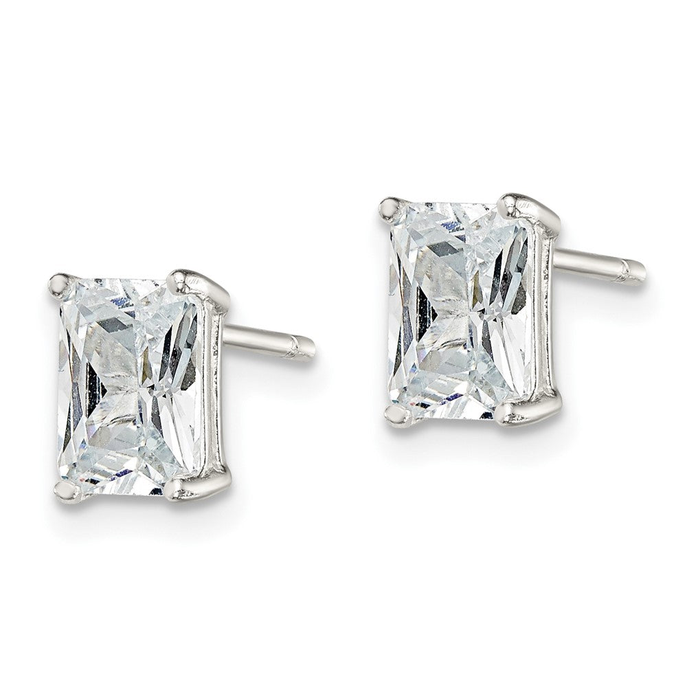 Sterling Silver Polished Emerald-cut 7x5mm Basket Set CZ Stud Earrings