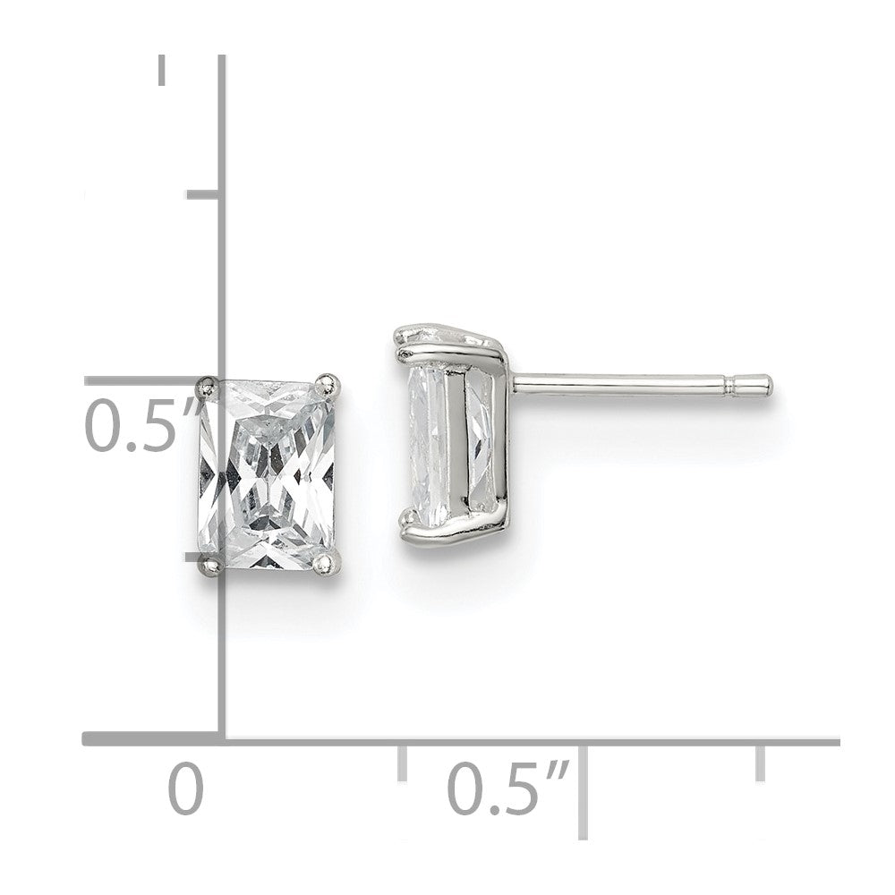 Sterling Silver Polished Emerald-cut 7x5mm Basket Set CZ Stud Earrings