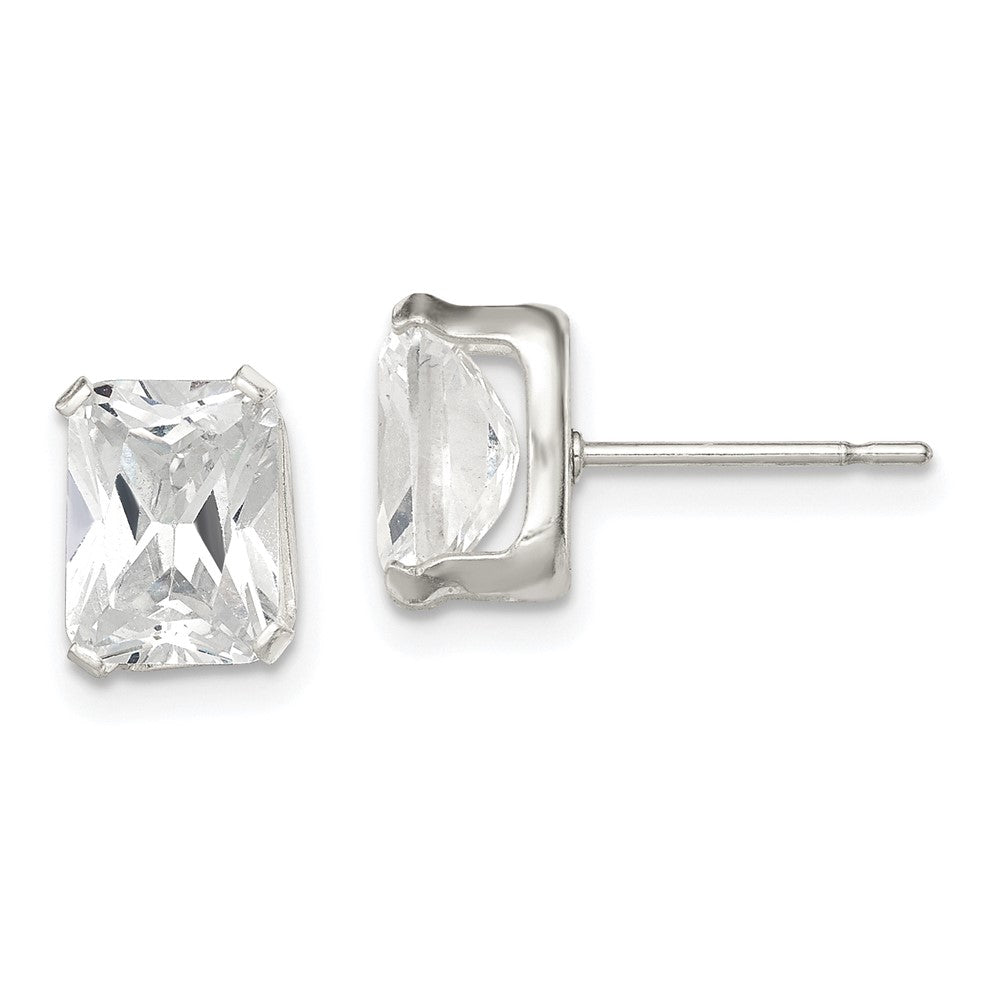 Sterling Silver Polished Emerald-cut 8x6mm Basket Set CZ Stud Earrings