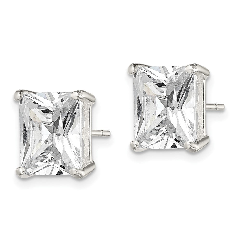 Sterling Silver Polished Emerald-cut 10x8mm Basket Set CZ Stud Earrings