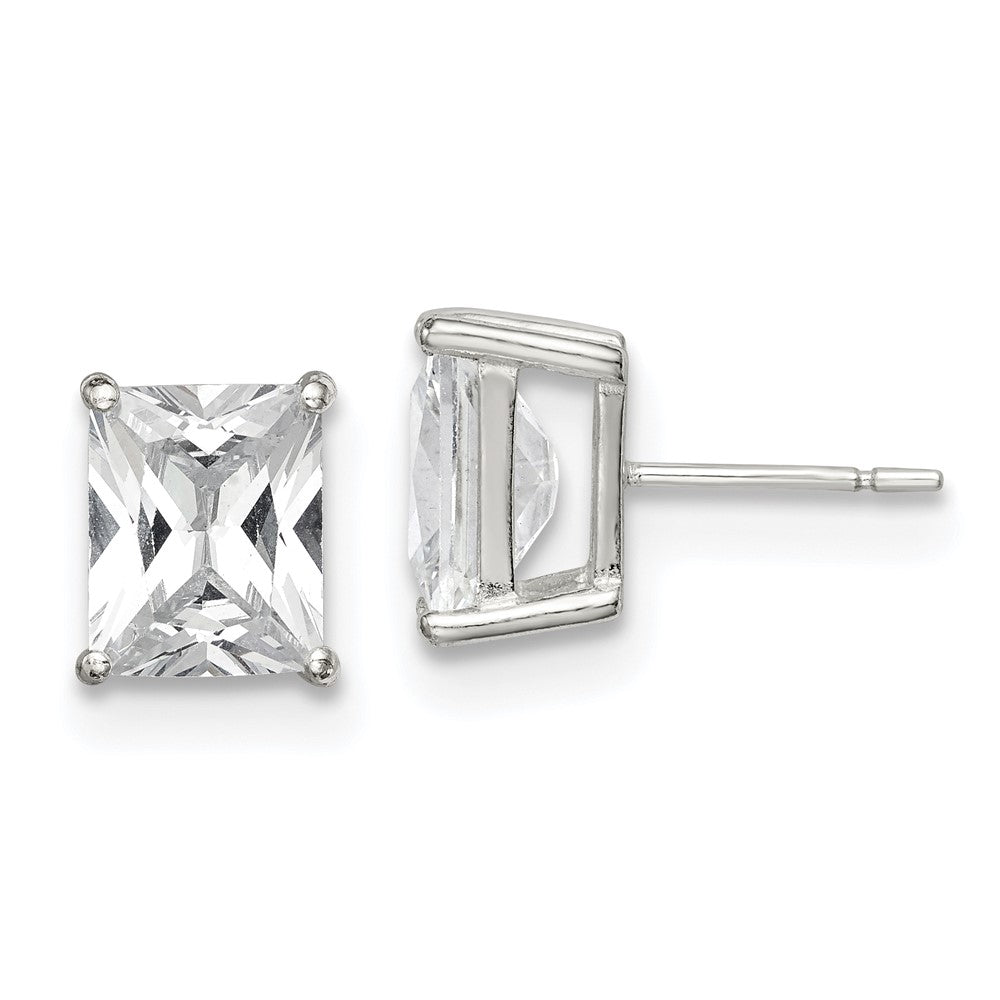 Sterling Silver Polished Emerald-cut 10x8mm Basket Set CZ Stud Earrings