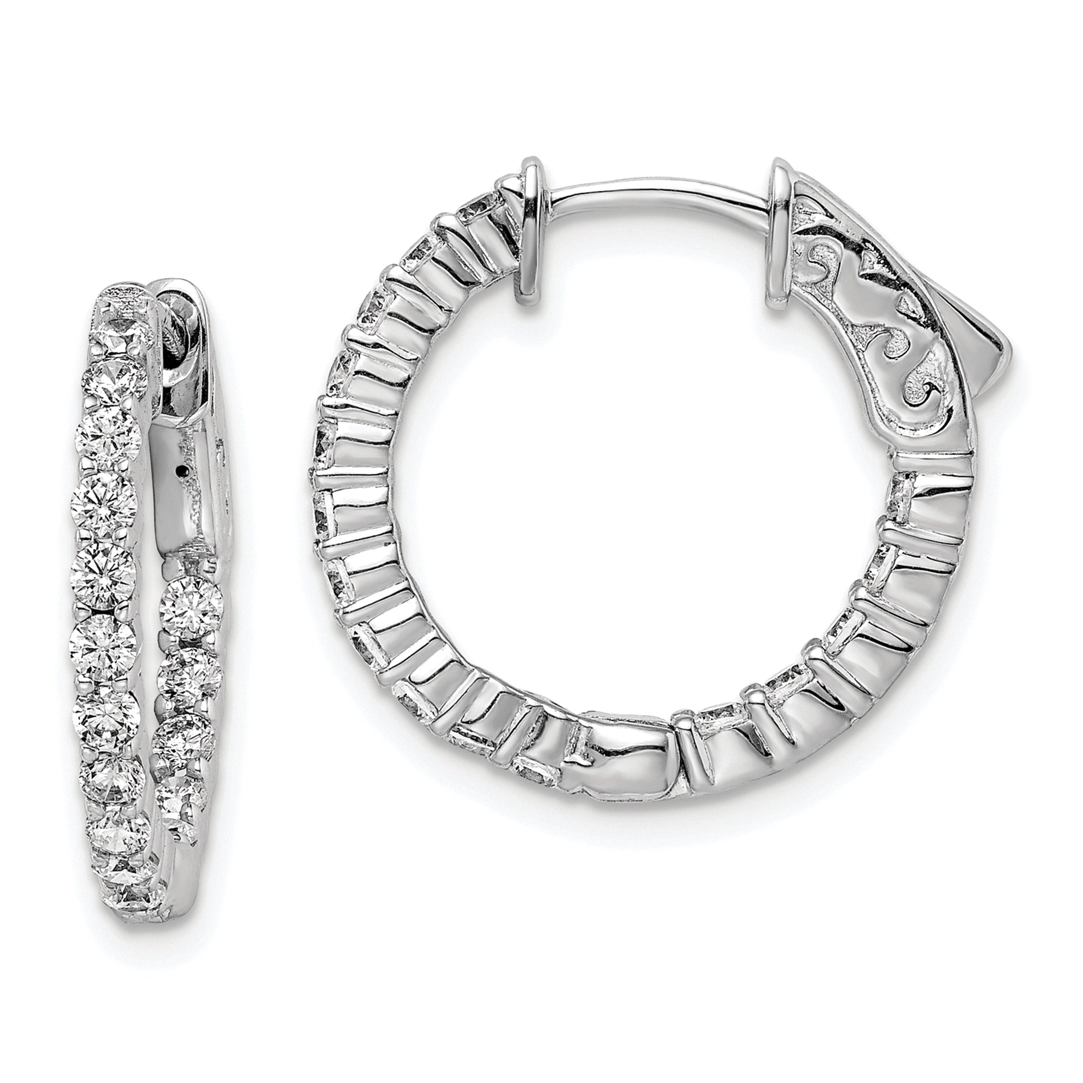 Sterling Silver CZ 32 Stones In and Out Round Hoop Earrings QE7575