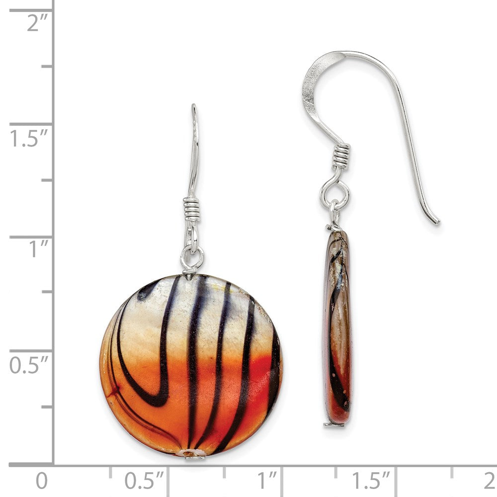 Sterling Silver Polished Orange/Black Mother of Pearl Disc Dangle Earrings