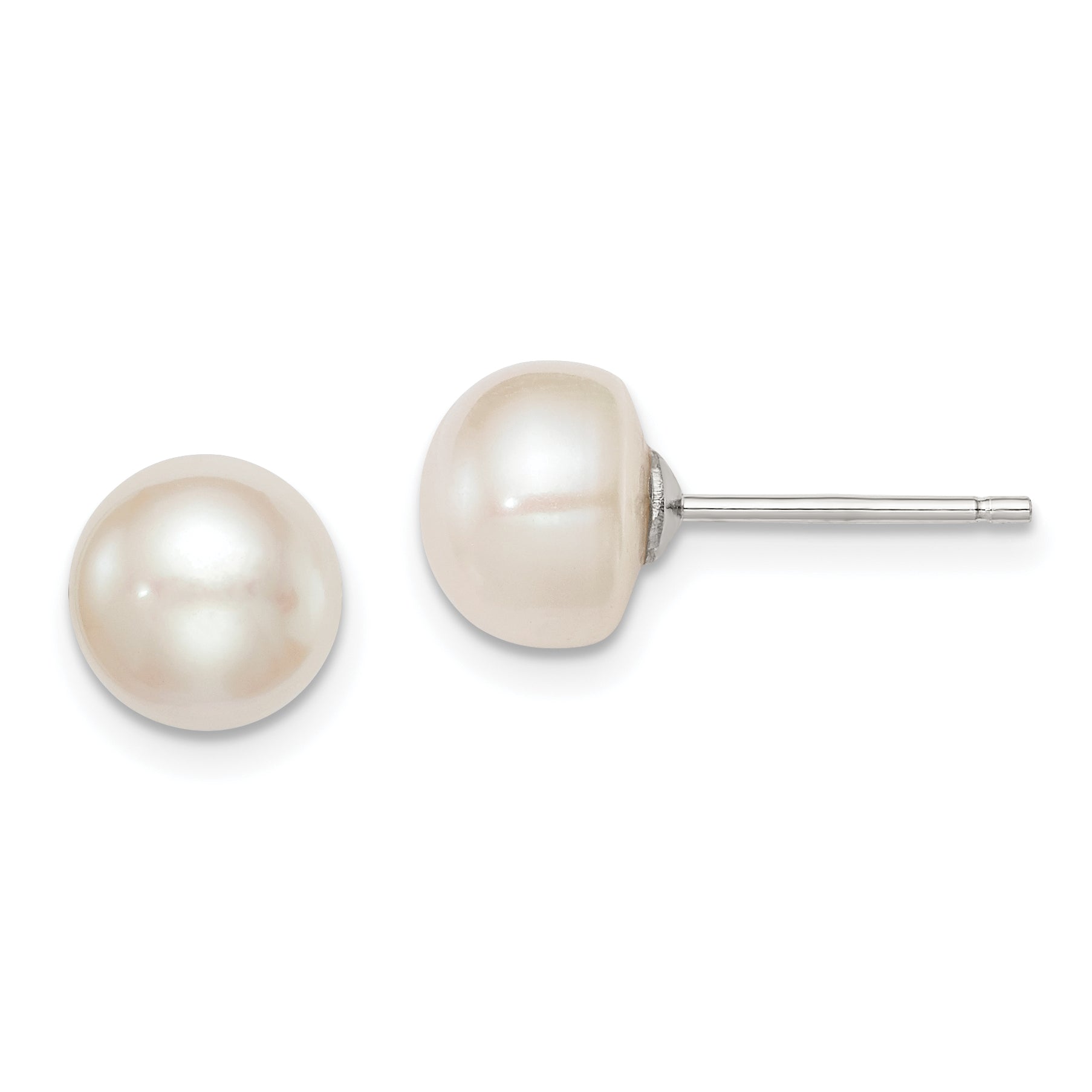 Sterling Silver 8-9mm White FW Cultured Button Pearl Stud Earrings QE7646