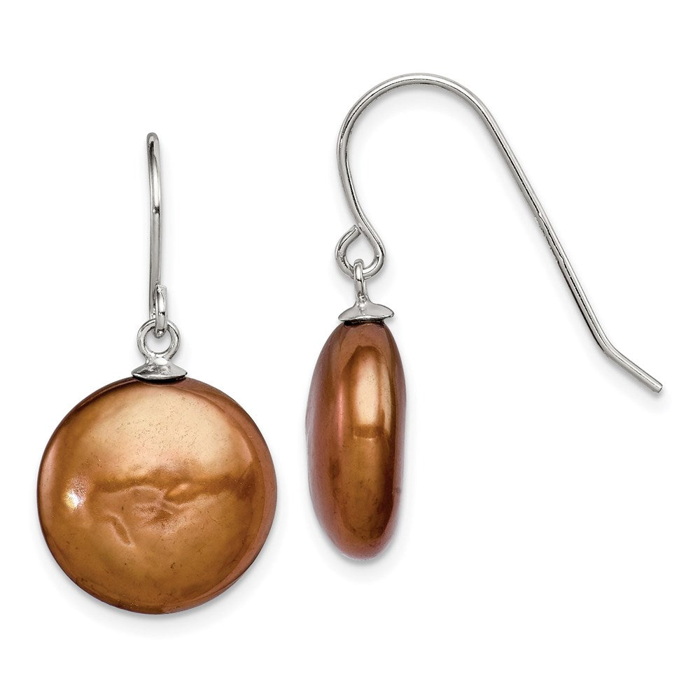 Sterling Silver Polished Brown 13-14mm FWC Coin Pearl Dangle Earrings