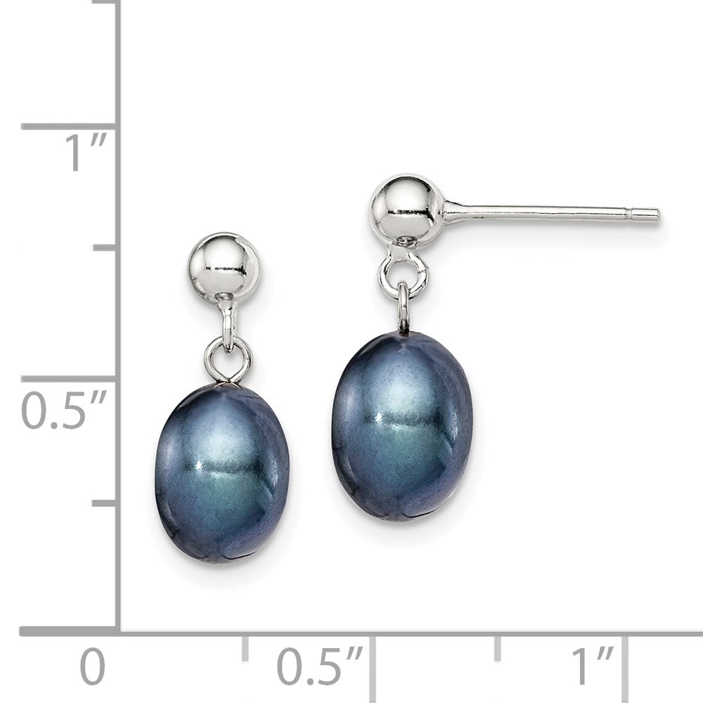 Sterling Silver Rhodium-plated Polished 7-8mm Black Freshwater Cultured Pearl Post Dangle Earrings