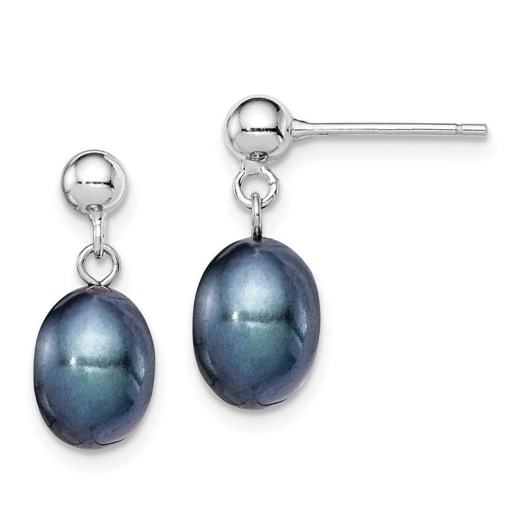 Sterling Silver Rhodium-plated Polished 7-8mm Black Freshwater Cultured Pearl Post Dangle Earrings