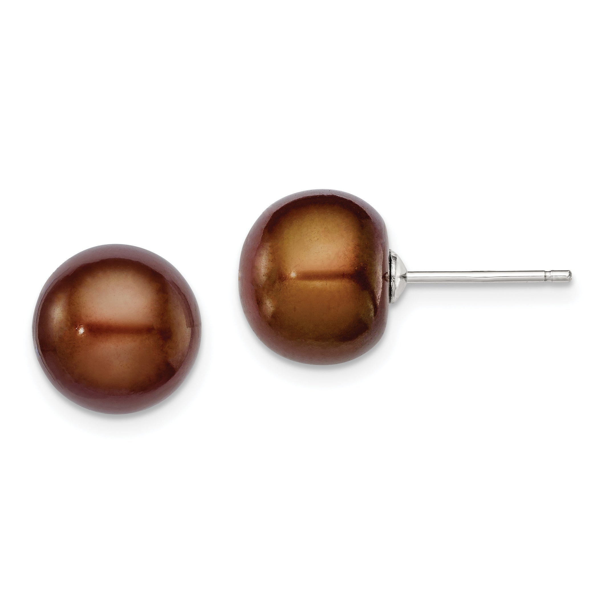 Sterling Silver 101mm Brown FW Cultured Button Pearl Stud Ear QE7787