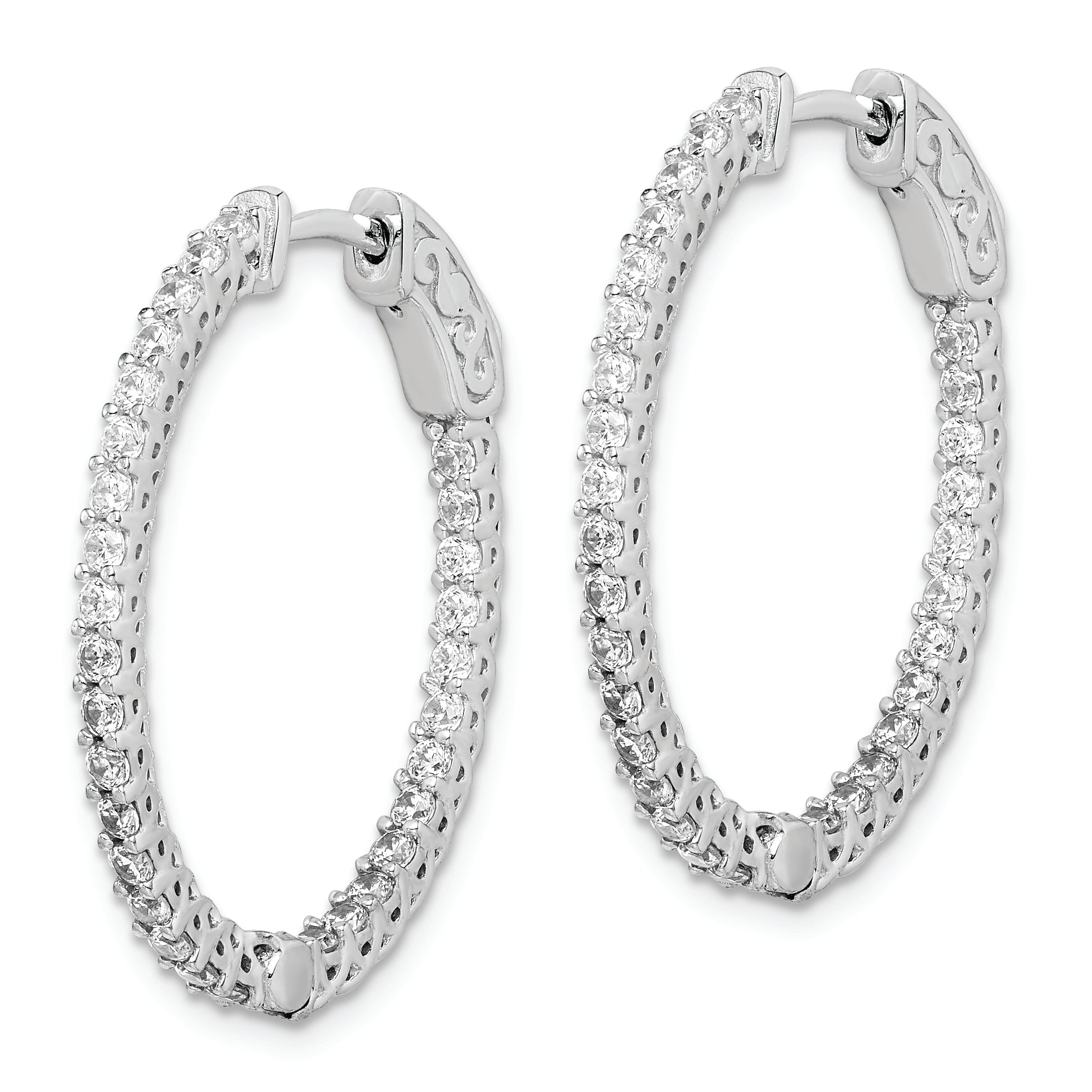 Sterling Silver Rhodium-plated CZ Hinged Oval Hoop Earrings QE7989