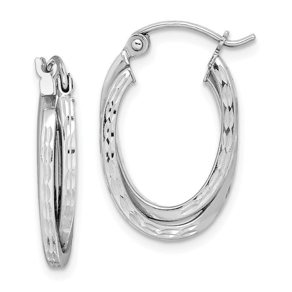 Sterling Silver Rhodium Plated Textured Double Oval Hoop Earrings