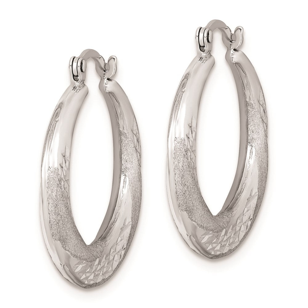 Sterling Silver RH-plated Brushed & D/C Scalloped Round Hoop Earrings