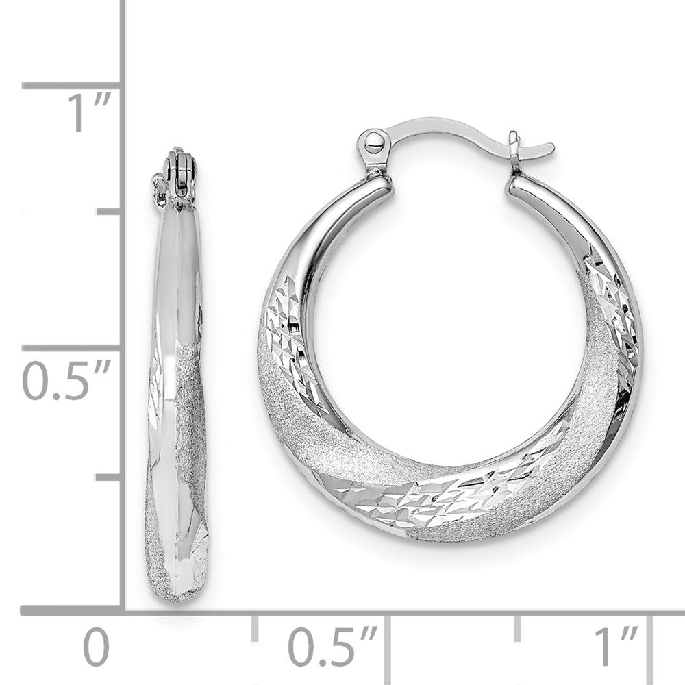 Sterling Silver RH-plated Brushed & D/C Scalloped Round Hoop Earrings