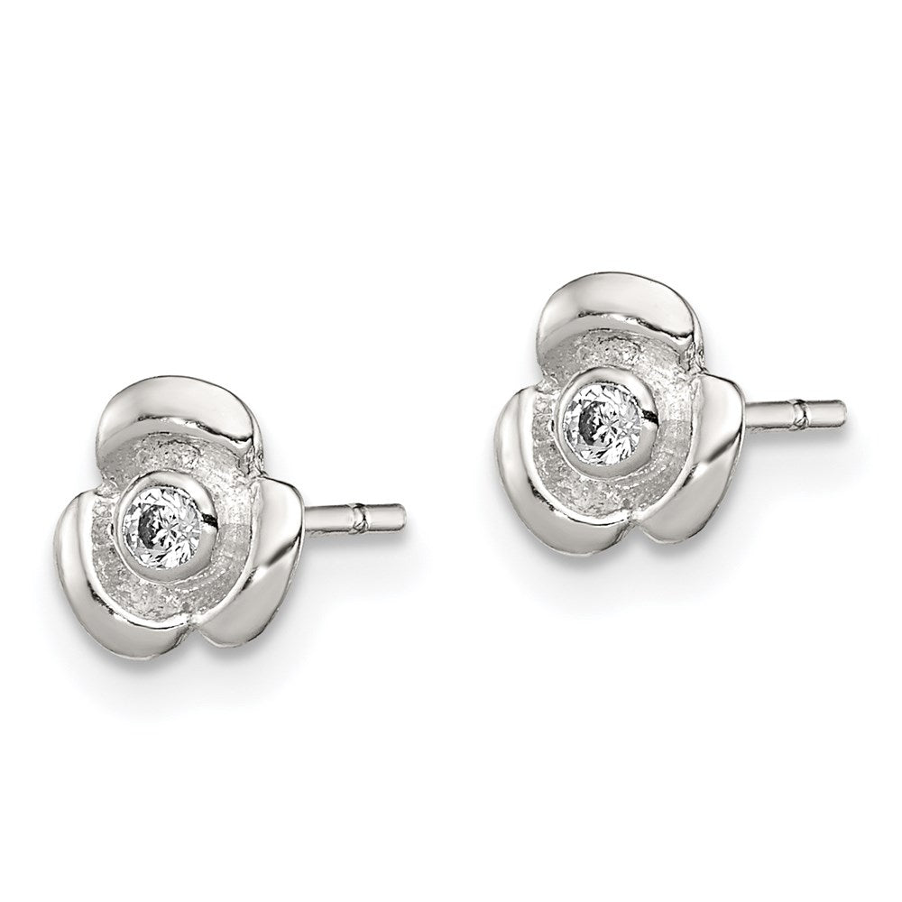 Sterling Silver Polished Flower with CZ Children's Post Earrings