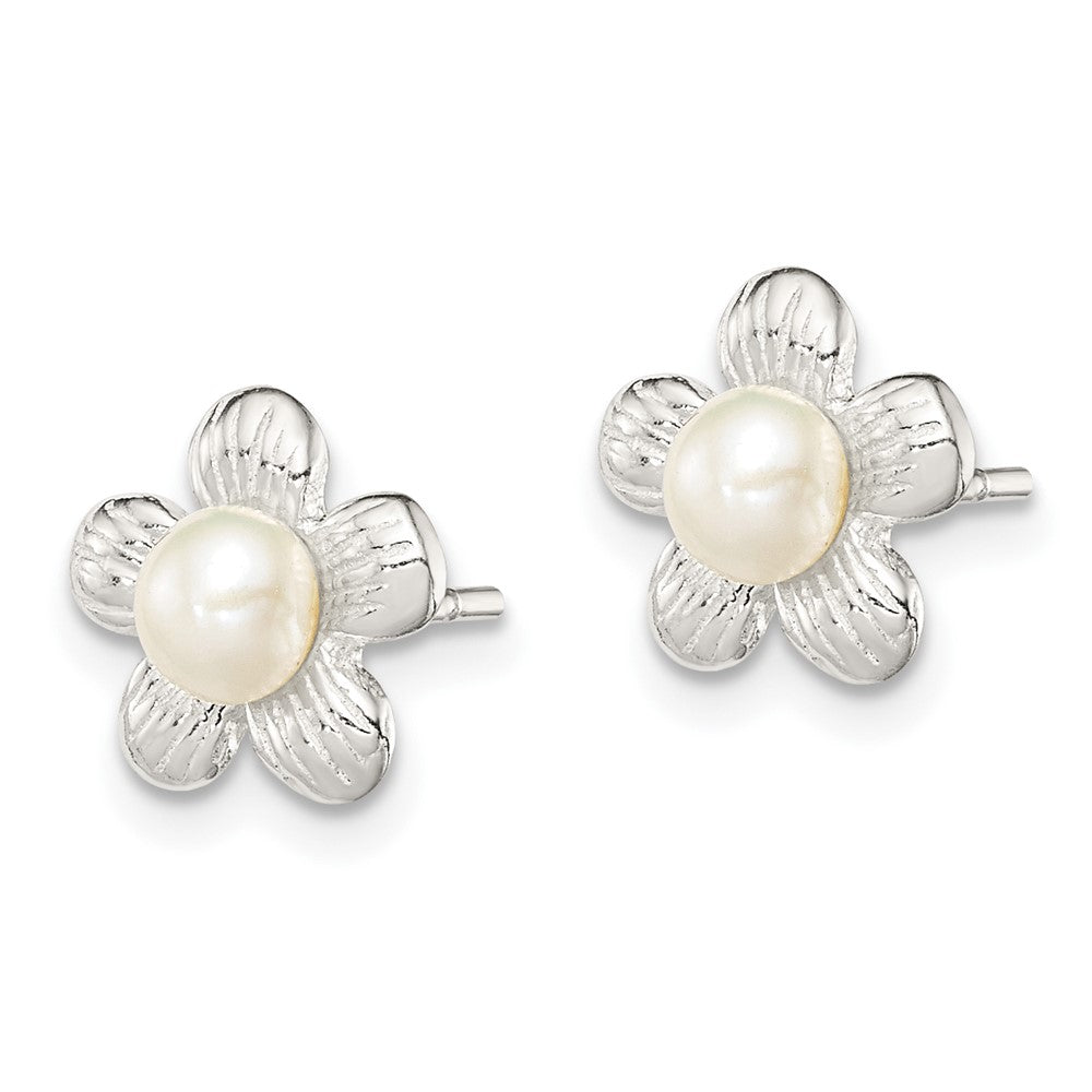 Sterling Silver Polished & Textured Sim. Pearl Flower Post Earrings