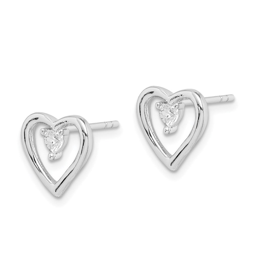 Sterling Silver Rhodium-plated CZ Polished Heart Post Earrings