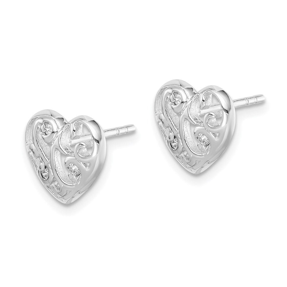 Sterling Silver Rhodium Plated CZ Heart Post Earrings