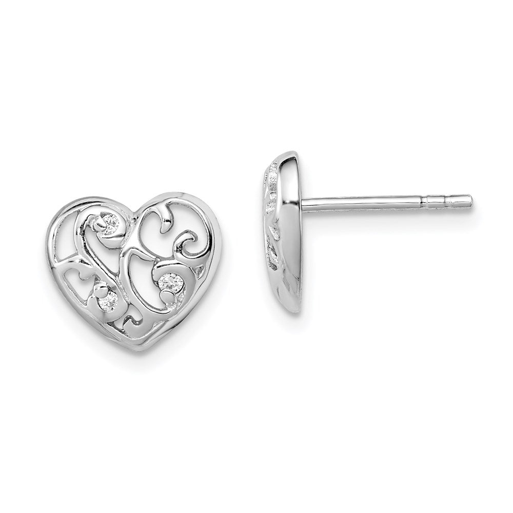 Sterling Silver Rhodium Plated CZ Heart Post Earrings