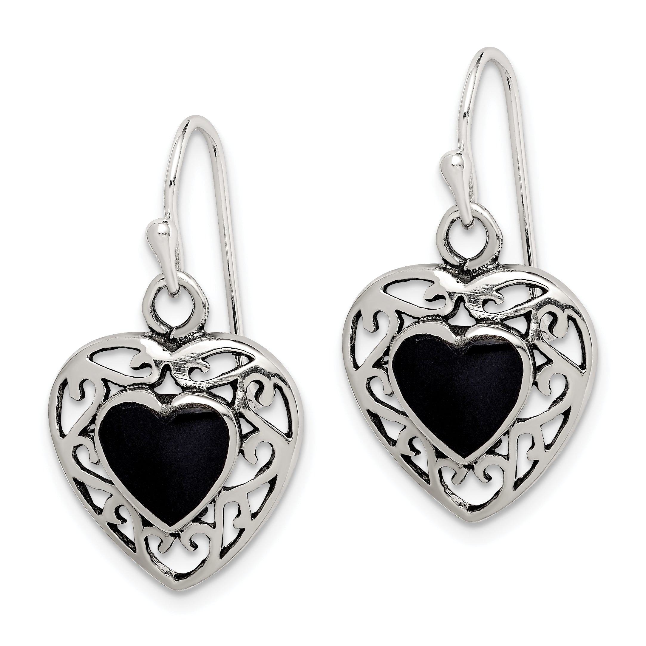 Sterling Silver Onyx Heart Shepherd Hook Antiqued Earrings QE8717