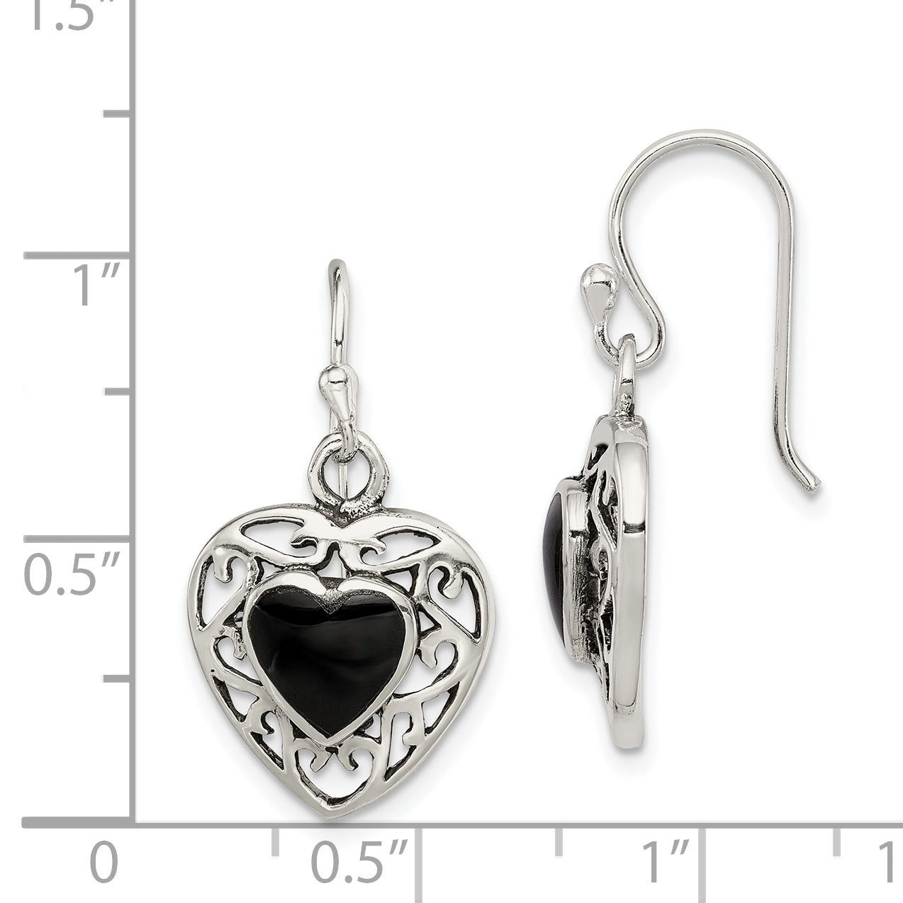 Sterling Silver Onyx Heart Shepherd Hook Antiqued Earrings QE8717