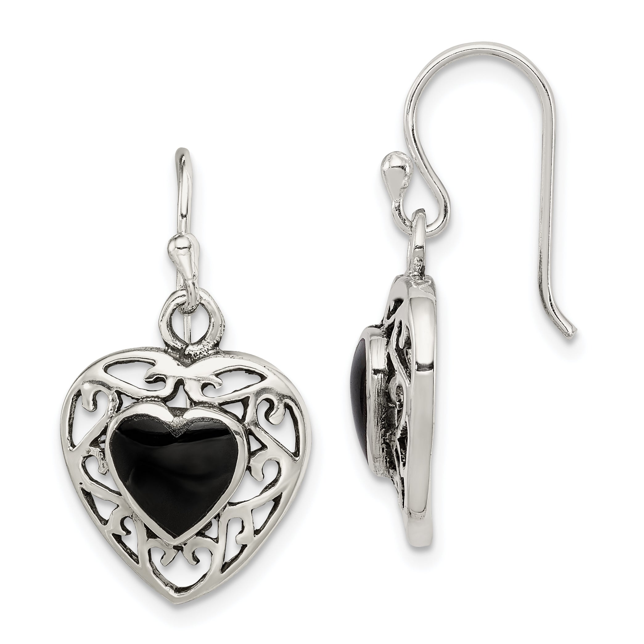 Sterling Silver Onyx Heart Shepherd Hook Antiqued Earrings QE8717