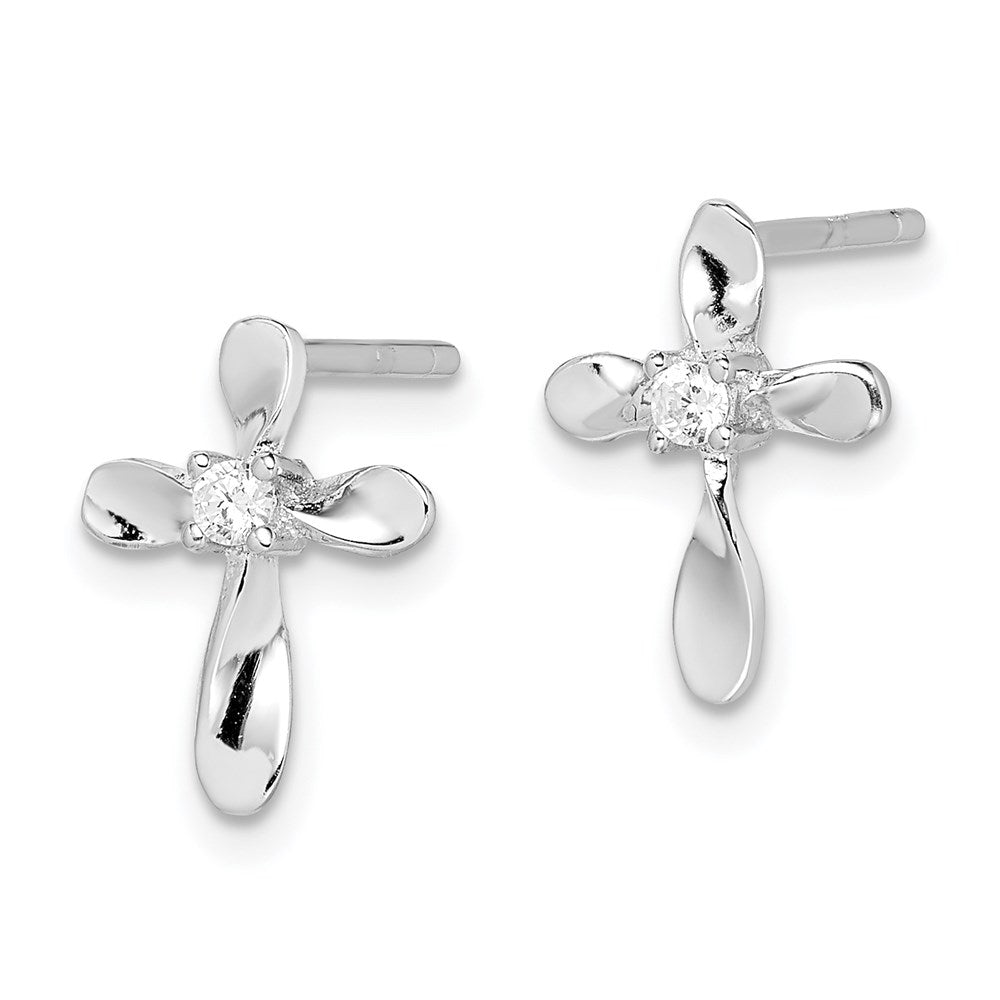 Sterling Silver Rhodium-plated Polished CZ Cross Post Earrings