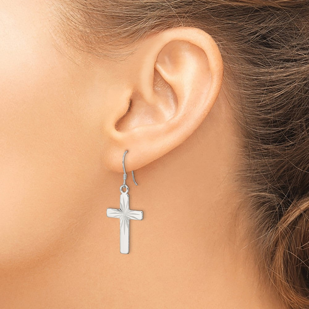 Sterling Silver Polished & Diamond-cut Latin Cross Dangle Earrings