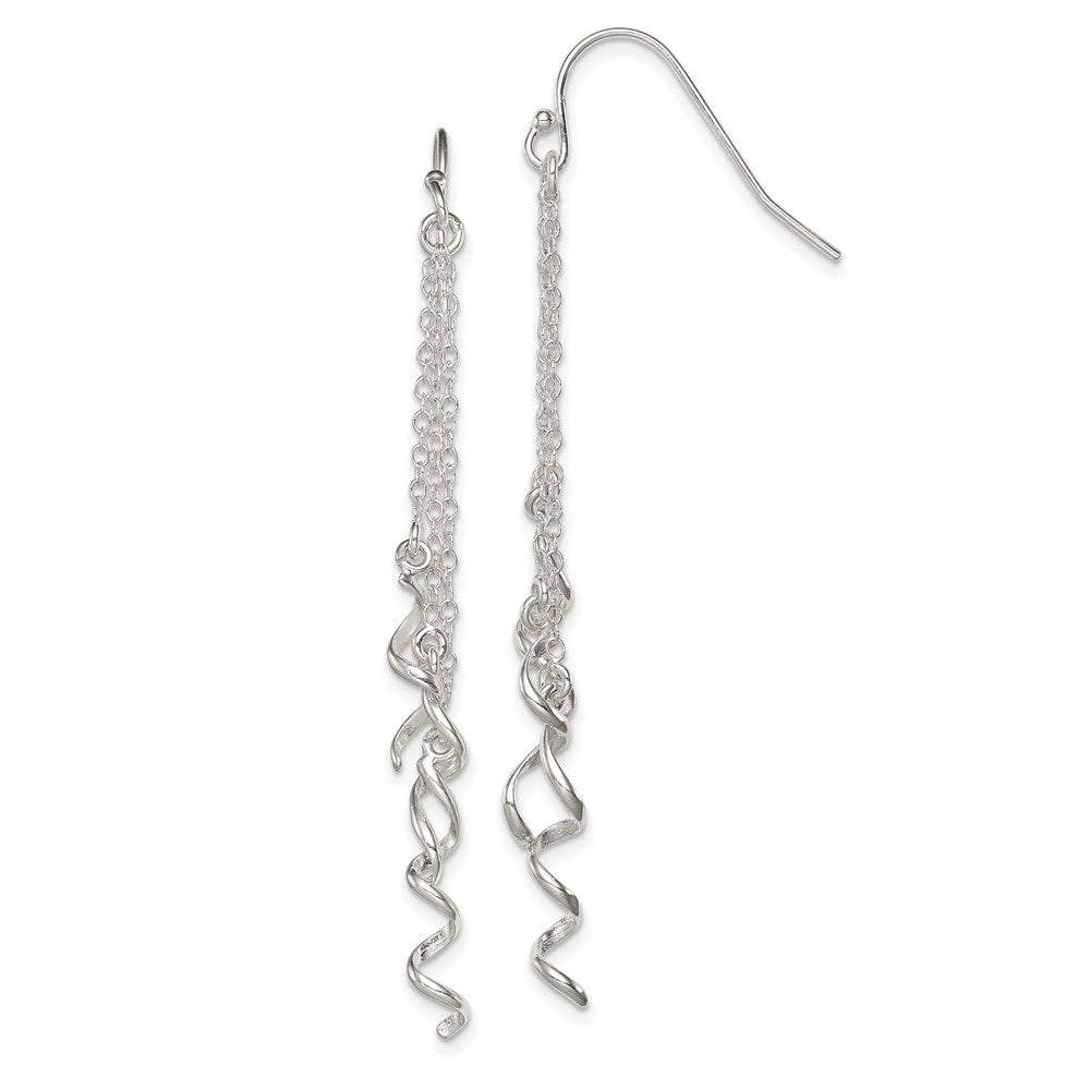 Sterling Silver Polished Multi-Strand Chain & Twisted Spirals Dangle Earrin