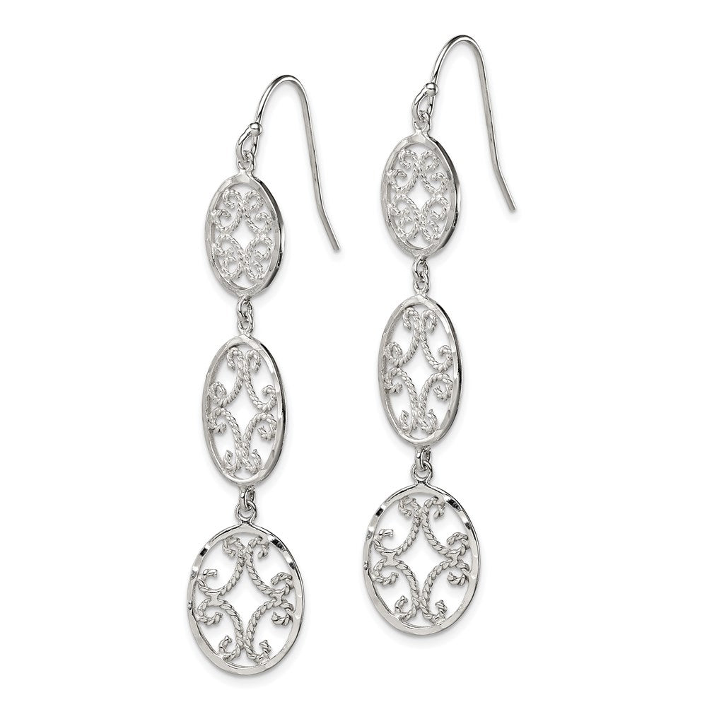 Sterling Silver Polished Diamond-cut Filigree Triple Oval Dangle Earrings