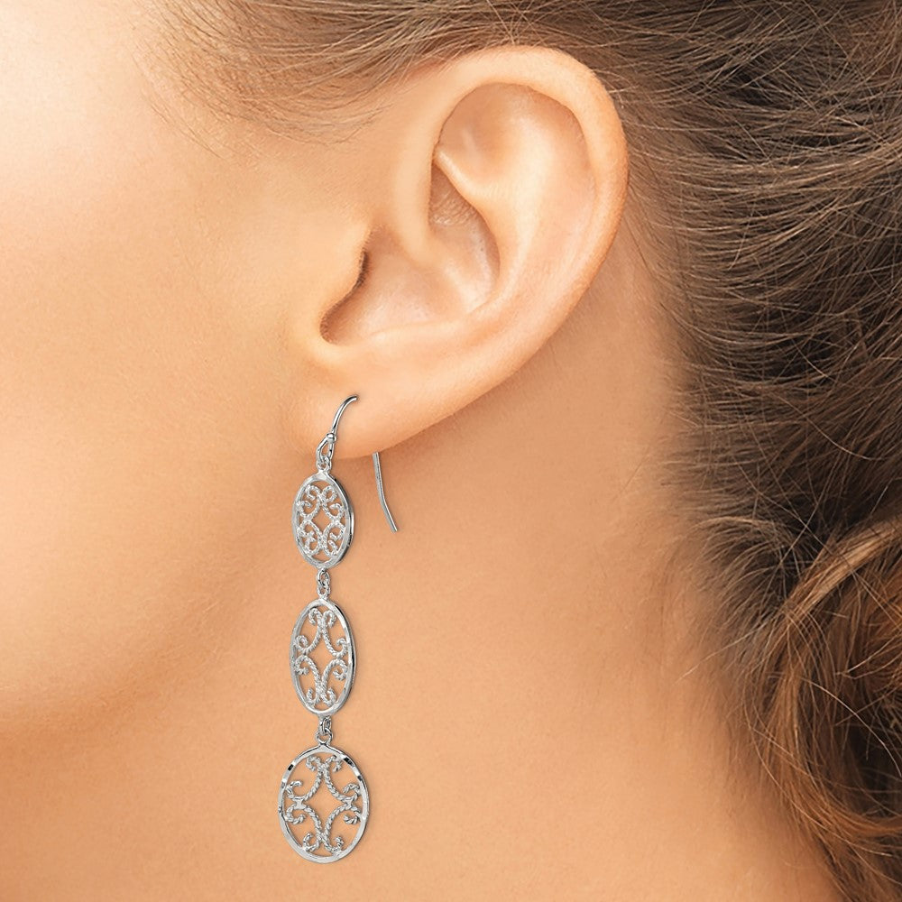 Sterling Silver Polished Diamond-cut Filigree Triple Oval Dangle Earrings