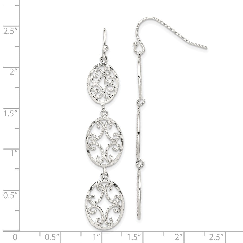 Sterling Silver Polished Diamond-cut Filigree Triple Oval Dangle Earrings