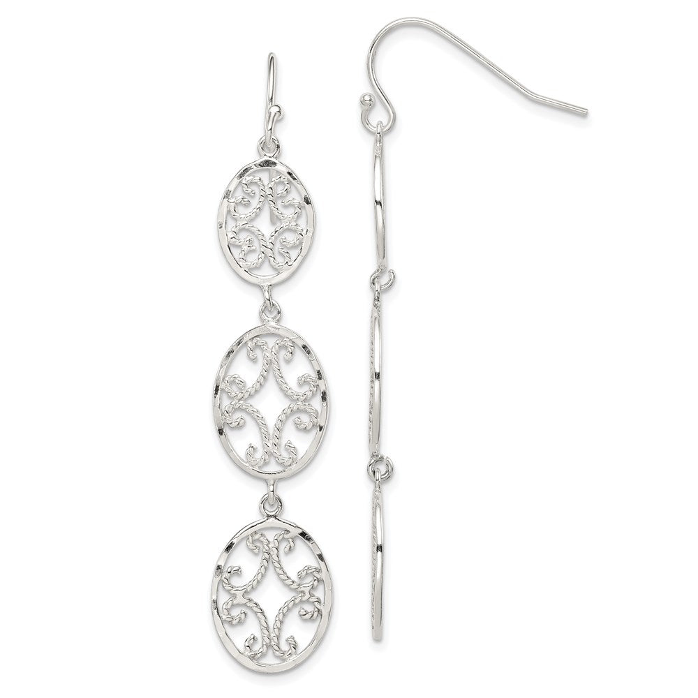 Sterling Silver Polished Diamond-cut Filigree Triple Oval Dangle Earrings