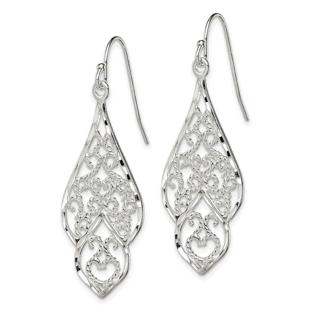 Sterling Silver Polished & Diamond-cut Fancy Filigree Dangle Earrings