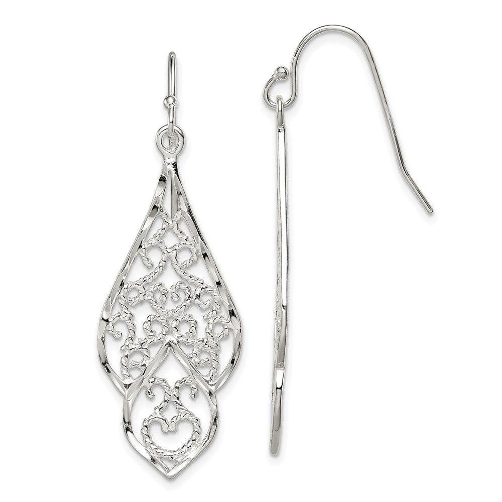 Sterling Silver Polished & Diamond-cut Fancy Filigree Dangle Earrings